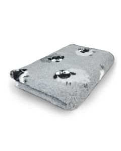 Gray towel with black paw print pattern on a white background