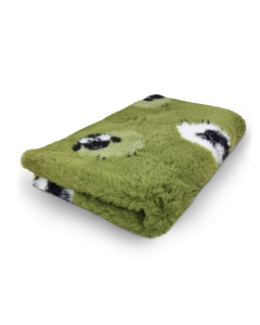 Folded green towel with a cat design on a white background