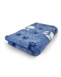 Blue pet blanket with paw prints on a white background