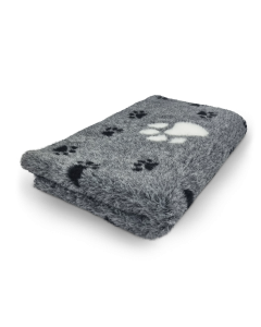 Gray pet blanket with paw prints on a white background